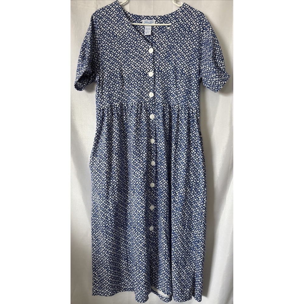 Vtg Leisure Life Geo Lattice Block Blue & White‎ Midi Dress Women's M Maternity?